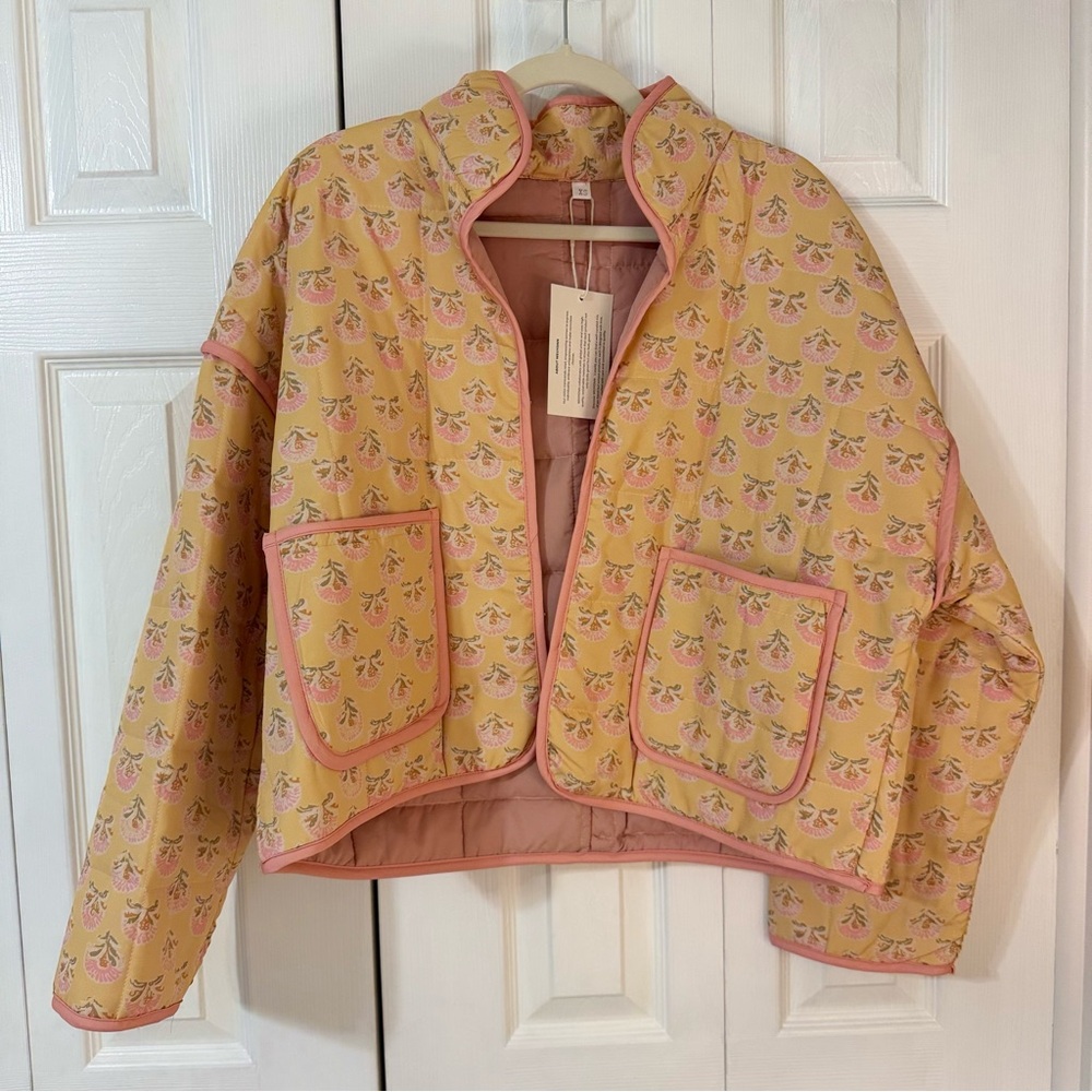 NWT Pink and Yellow Floral Block Print Women's Jacket for Spring & Summer
